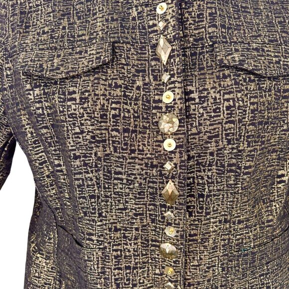 RUBY RD METALLIC GOLD & BLACK TEXTURED BLAZER JACKET W/ BEAD/BUTTON ACCENTS - 12 - Picture 2 of 6